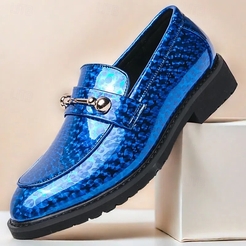 Men's Blue Metallic Faux Leather Loafers with Decorative Gold Chain β Trendy Slip-On Shoes for Formal and Party Occasions