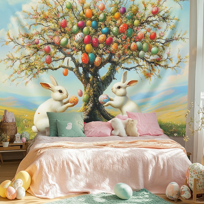 Hanging Tapestry Bunny Eggs Wall Art Large Tapestry Mural Tree of Life Decor Photograph Backdrop Blanket Curtain Home Bedroom Living Room Decoration2