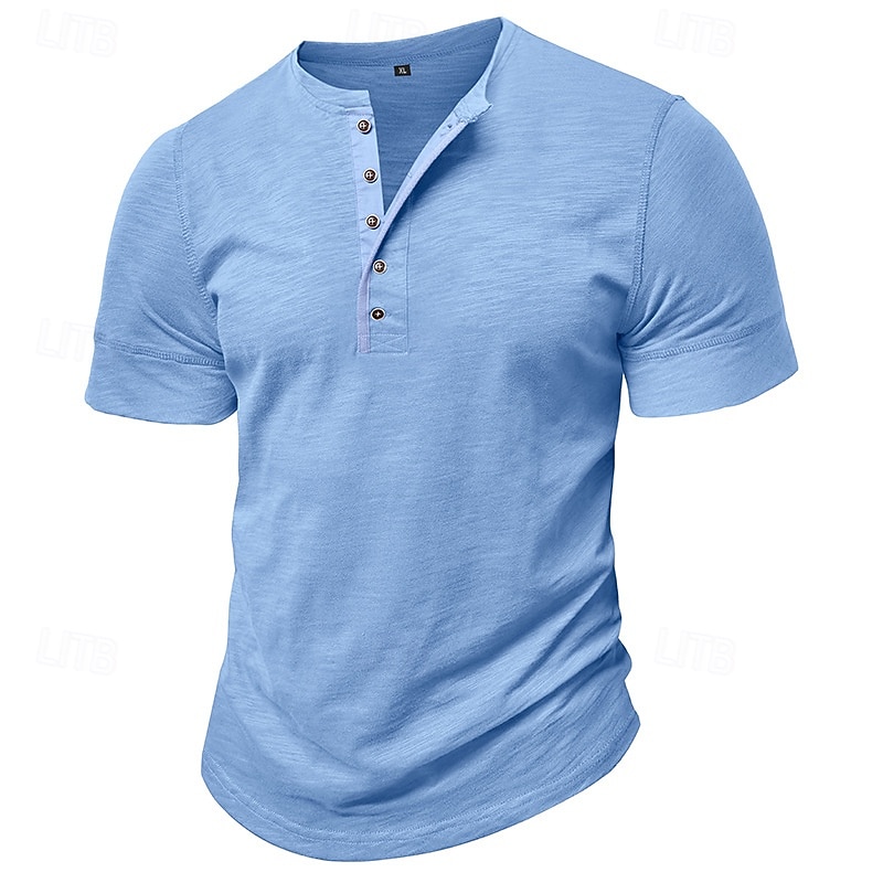 100% Cotton Men's Henley Shirt Tee Short Sleeve Solid Color Plain Classic Style Buttons Henley Casual Daily Summer Spring & Fall Black White Light Blue Henley T-Shirt2