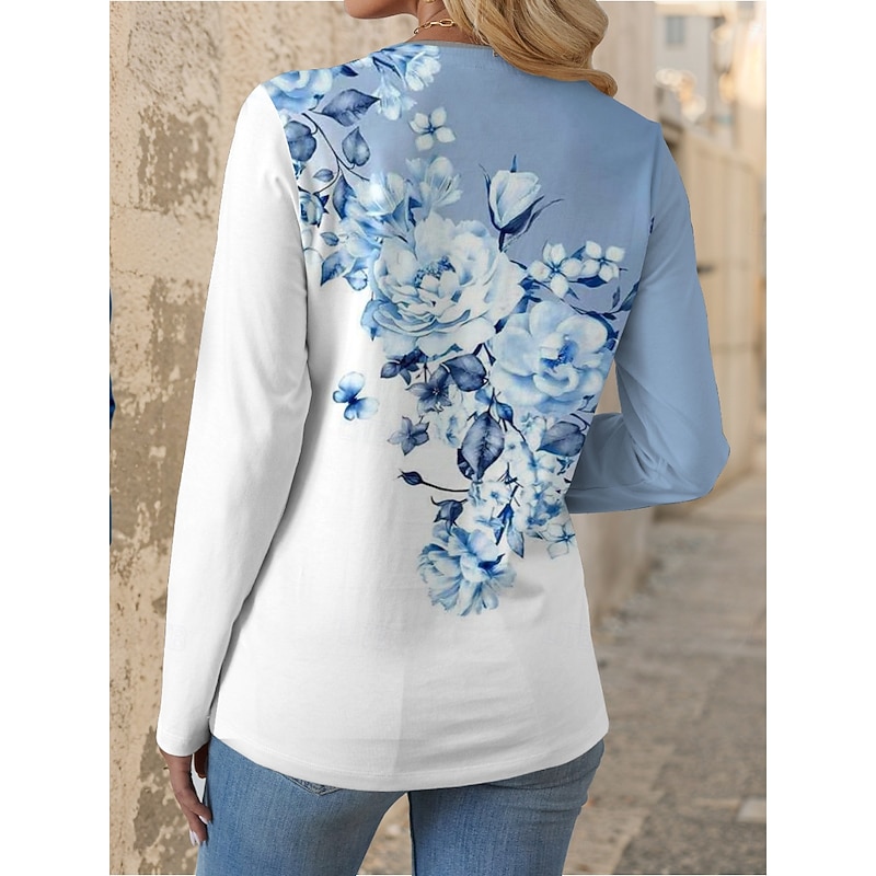 Women's T shirt Long Sleeve Crew Neck Long Sleeve Tunic Floral Graphic Casual Regular Tops Daily Print Sky Blue Spring Fall Prefall2