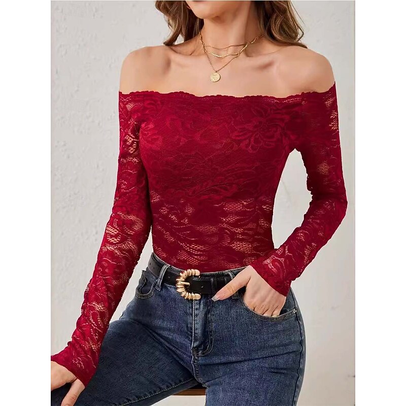 Women's Blouse Casual Long Sleeve Off Shoulder Regular Tops Lace claret Black Summer Spring4