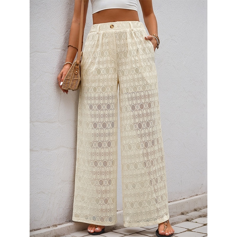 Women's Culottes Wide Leg Fashion Streetwear Stylish Full Length High Waist Plain Lace Knitted Comfy Soft Comfortable Micro-elastic Outdoor Vacation Party Almond Summer Spring Fall Regular Fit