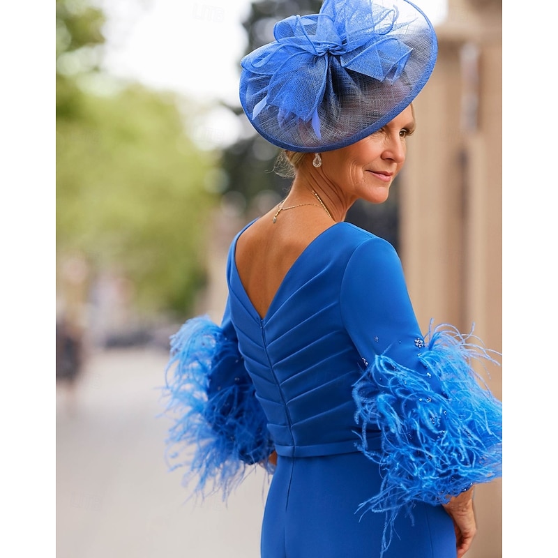 Jumpsuit Mother of the Bride  Elegant Vintage V Neck Floor Length Stretch Chiffon Half Sleeve with Feather Sequin Appliques2