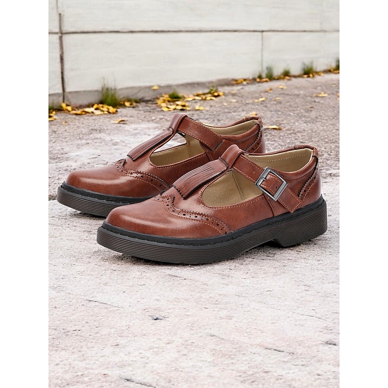 Women's Brown T-Strap Mary Jane Shoes with Brogue Detailing and Chunky Sole - Vintage Style Flats for Casual and Everyday Wear2