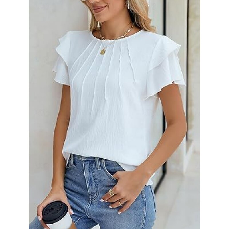 Women's Shirt Blouse Solid Color Basic Casual Short Sleeve Crew Neck Regular Tops Daily Ruffle White Green Summer4