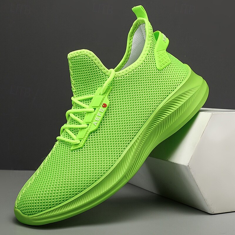 Men's Neon Green Mesh Running Shoes - Lightweight Breathable Sneakers for Sports, Gym and Casual Wear