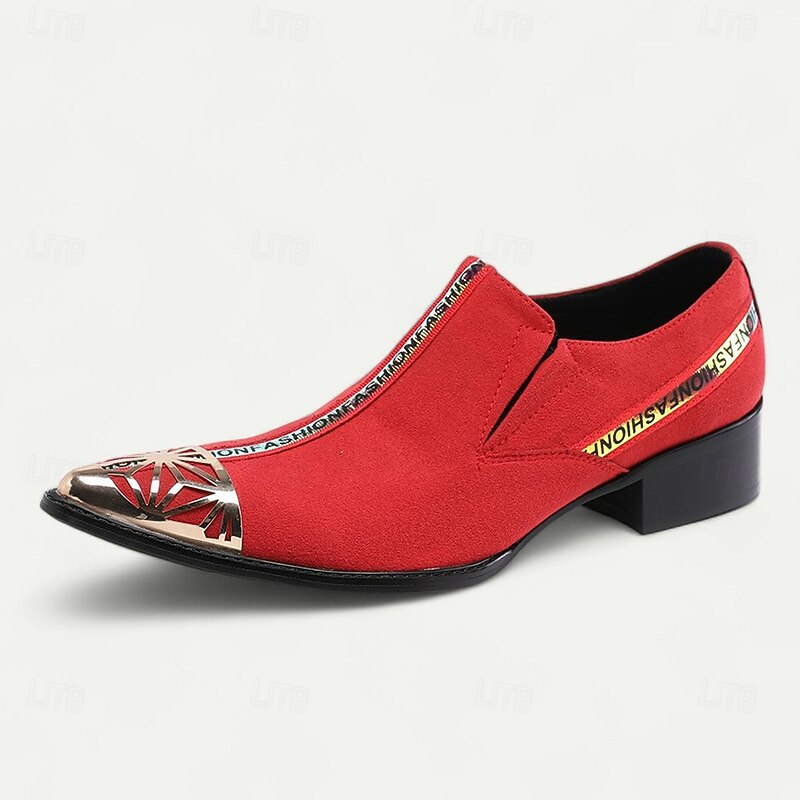 Men's Red Leather Suede Slip-On Shoes with Metal Toe Cap and Fashion Strap - Elegant Western Style for Formal Events and Parties3