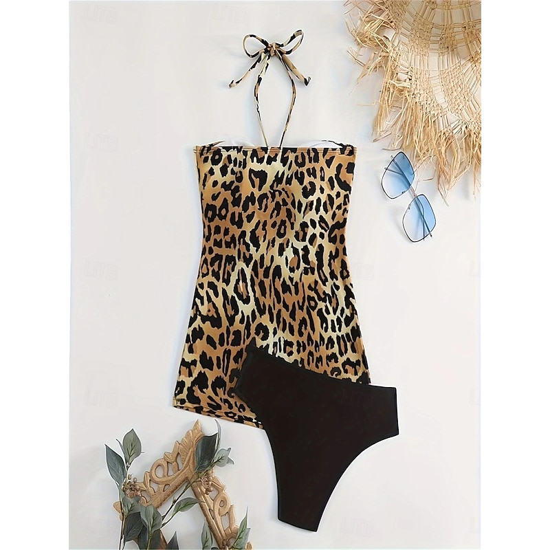 Women's Swimwear Bikini 2 Piece Cheeky Swimsuit Backless Slim Vacation Beach Wear Leopard Halter Neck Sleeveless Bathing Suits4