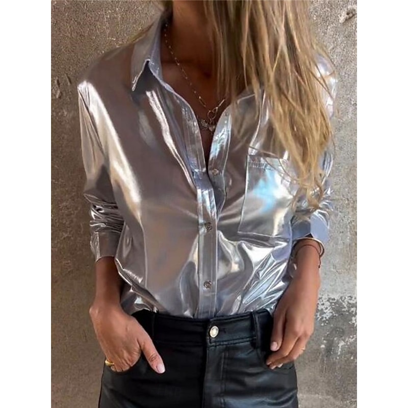 Women's Shirt Velvet Elegant Dressy Solid Color Stylish Fancy Long Sleeve Shirt Collar Regular Tops Wedding Guest Going out Buttons Silver Beige Summer Spring4
