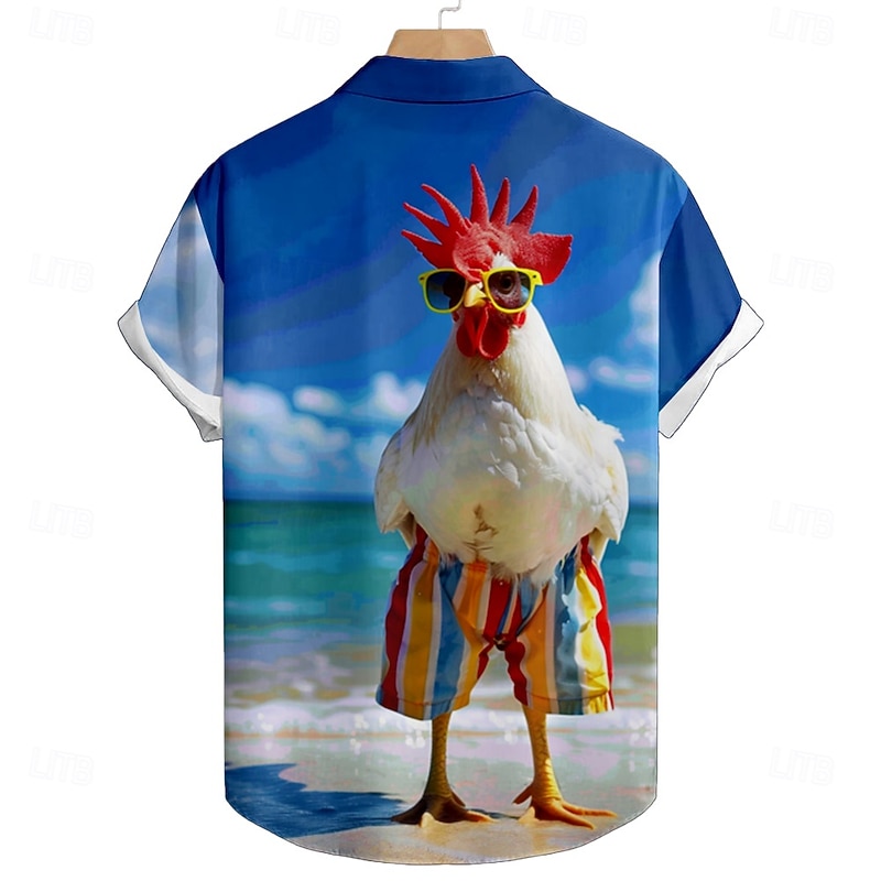 Men's Chicken Shirt Beach Shirt Short Sleeve Funny Summer Spring Turndown Button Up Blue2
