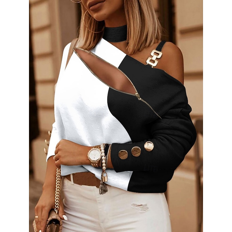 Women's Shirt Blouse Geometric Stylish Casual Long Sleeve Asymmetrical Regular Tops Daily Patchwork Print White Navy Blue Khaki Gray Summer Spring