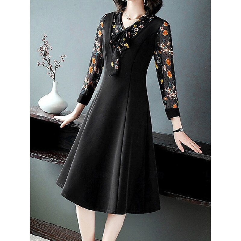 Women's Midi Dress Boho Chic Dresses Stylish Casual Vacation Daily Regular Fit Floral Long Sleeve V Neck Black Red Blue Summer3