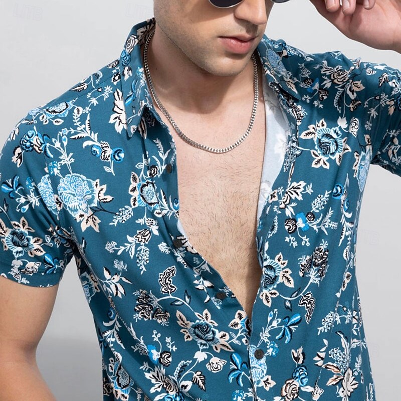 Men's Floral Flowers Summer Hawaiian Shirt Aloha Shirt Short Sleeve Hawaiian Resort Vacation Holiday Beach Wear Summer Spring Turndown Button Up Blue3