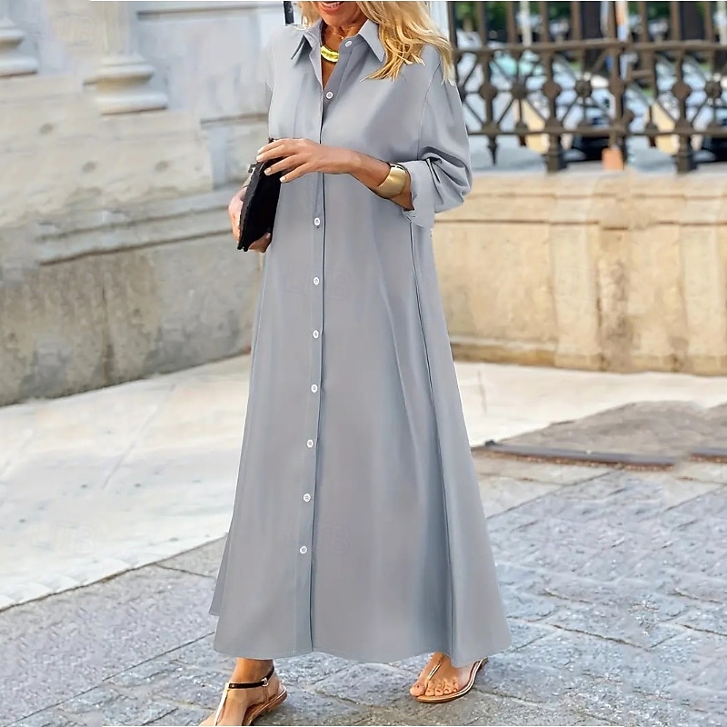 Women's Long Dress Maxi Dress Shirt Dress Casual Dress Summer Dress Stylish Casual Vacation Daily Date Regular Fit Plain Long Sleeve Lapel Black White Red Purple Summer Spring4