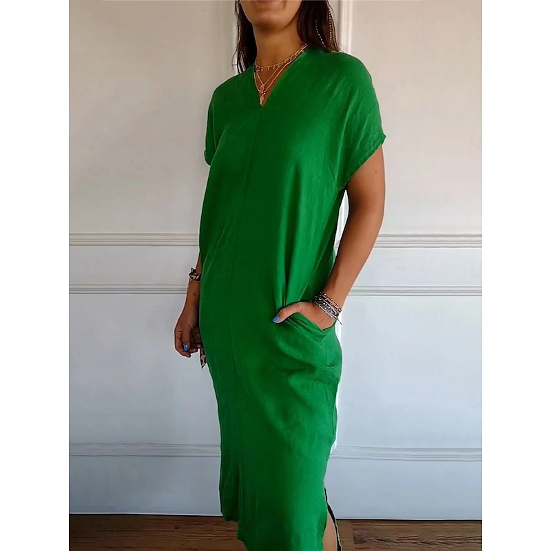 Women's Midi Dress Cotton Linen Dresses Casual Dress Basic Casual Vacation Daily Regular Fit Solid Color Short Sleeve V Neck Black Green Summer