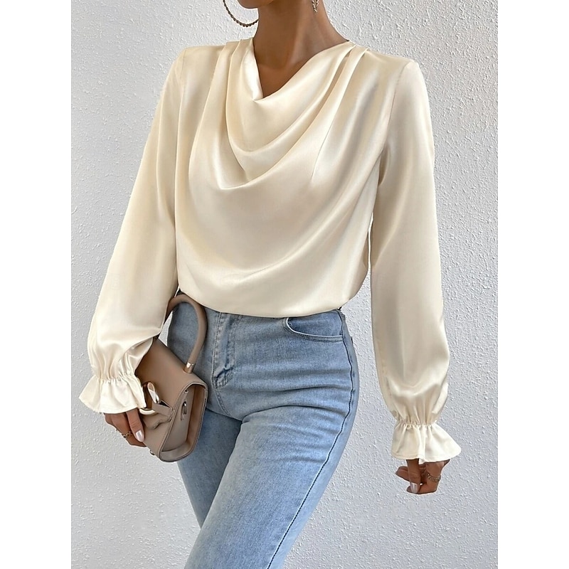 Women's Shirt Elegant Dressy Satin Solid Color Stylish Casual Long Sleeve Cowl Neck Regular Tops Daily Ruched Black Beige Summer Spring