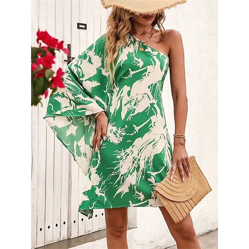 Women's Mini Dress Sundress Stylish Casual Batwing Sleeve Vacation Regular Fit Abstract Long Sleeve One Shoulder Blue Green Summer - Main Image