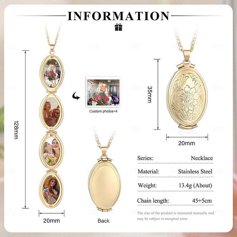 Personalized Photo Necklace Custom Best Gift for Mom Wedding Gift for Lover Stainless Steel Gold Locket with 4 Photos2