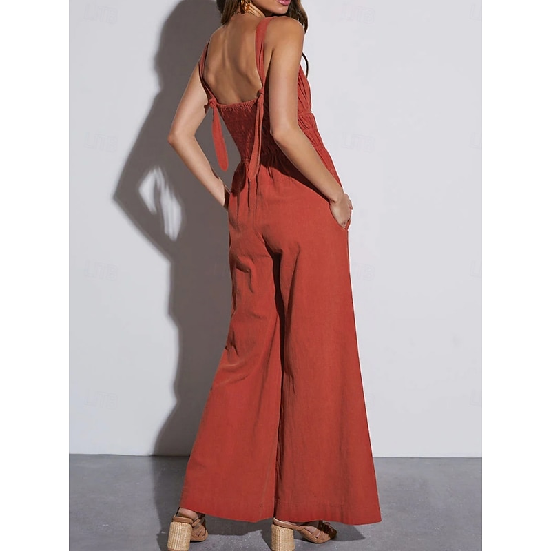 Women's Normal Jumpsuit Active Solid Color Sleeveless V Neck Backless Pocket Vacation Daily Regular Fit Orange Summer2