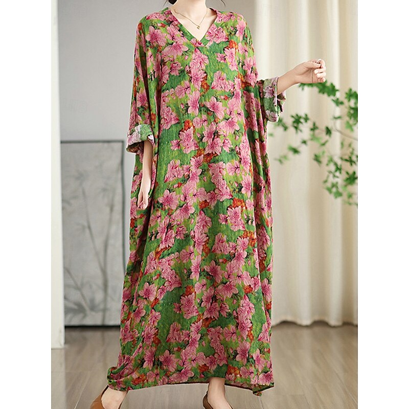 Women's Maxi Dress Linen-Inspired Dresses Casual Dress Stylish Casual Vacation Daily Regular Fit Floral Long Sleeve V Neck Red Spring Fall