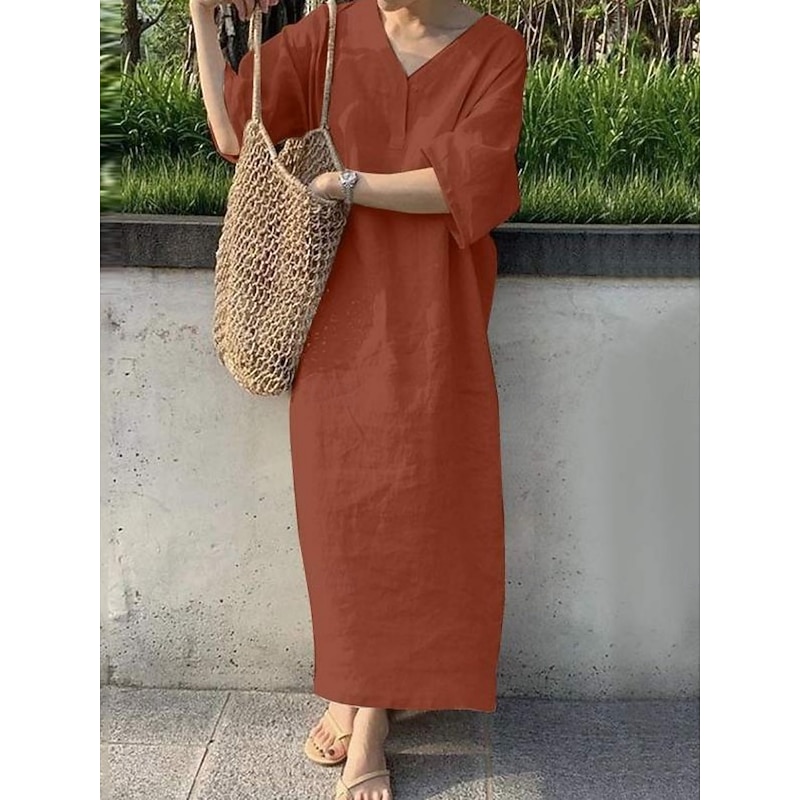 Women's Maxi Dress Cotton Linen Dresses Casual Dress Basic Casual Vacation Daily Regular Fit Plain 3/4 Length Sleeve V Neck Red Khaki Army Green Dark Blue Summer4