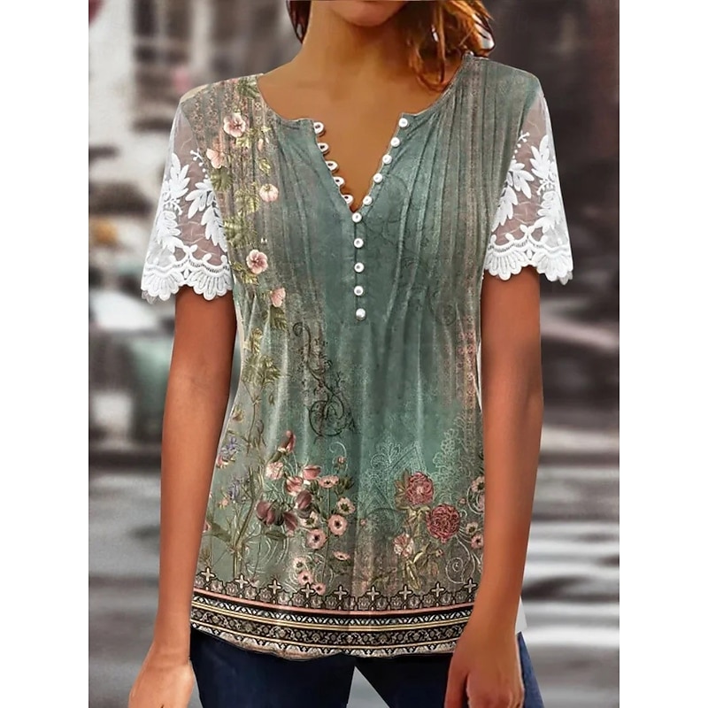 Women's Lace Splicing Top Graphic Flowers Elegant Bohemia Fashion Short Sleeve Flutter Sleeve Round Neck Regular Tops Daily Weekend Vacation Wear Lace Patchwork Print White Light Green Navy Blue Blue