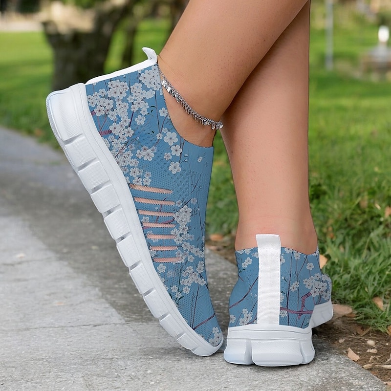 Women's Blue Floral Print Lightweight Slip-On Walking Shoes – Comfortable and Breathable Sneakers for Casual Wear and Outdoor Activities4