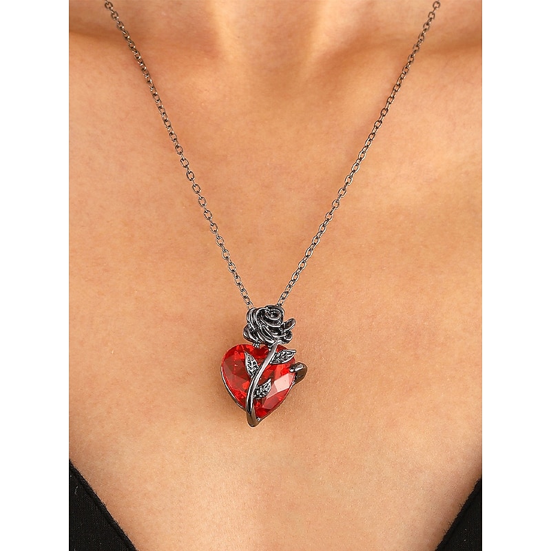 Women's Red Heart Pendant Necklace with Black Rose Design – Gothic Romantic Jewelry for Valentine's Day, Parties and Special Occasions4