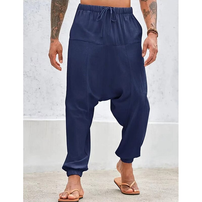 Men's Linen Pants Trousers Summer Pants Baggy Pants Harem Pants Drawstring Elastic Waist Plain Comfort Breathable Full Length Yoga Daily Holiday Fashion Classic Style White Navy Blue3