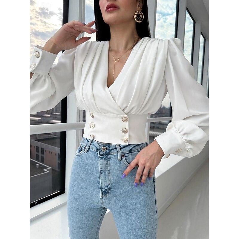 Women's Shirt Blouse Solid Color Stylish Casual Long Sleeve V Neck Crop Tops Daily Buttons Black White Summer Spring
