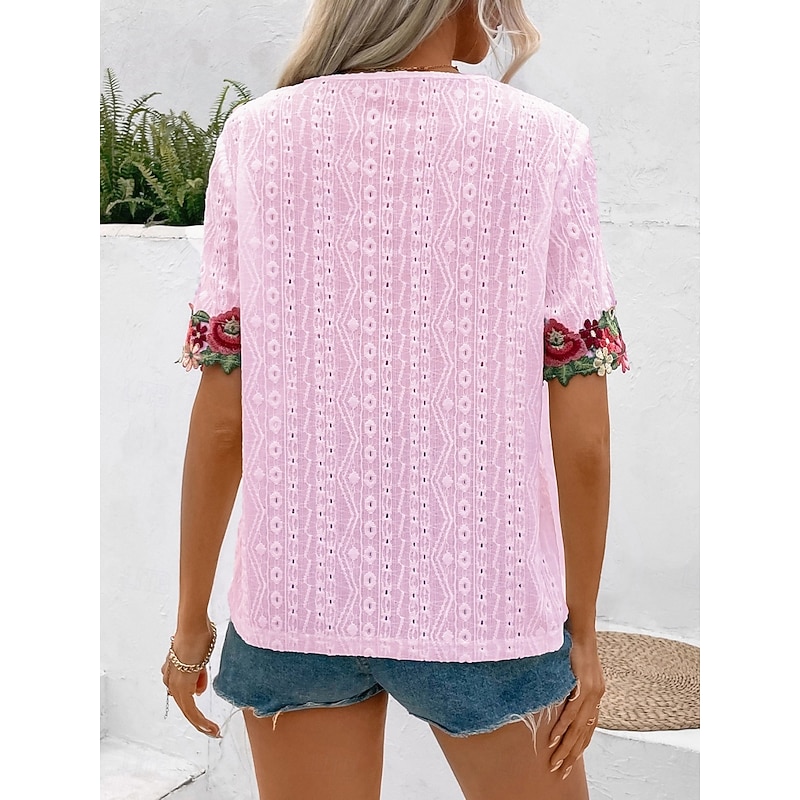 Women's White Elegant Lace Tops Eyelet Blouse Fashion Modern Casual Plain Regular Tops Short Sleeve V Neck Embroidered Regular Fit Weekend Romantic Petite Tops Summer Holiday Wear Pink Summer Spring4
