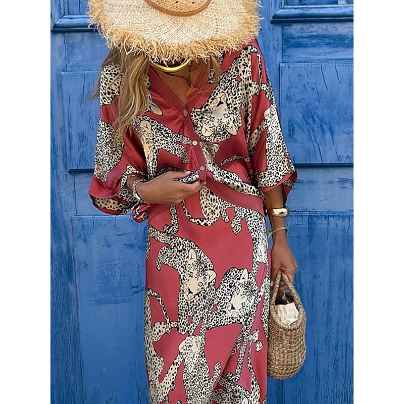 Women's Dress Set Casual Dress Skirt Set Casual Leopard Print Maxi Dress 3/4 Length Sleeve V Neck Outdoor Daily Fuchsia Summer Spring Regular Fit - Main Image