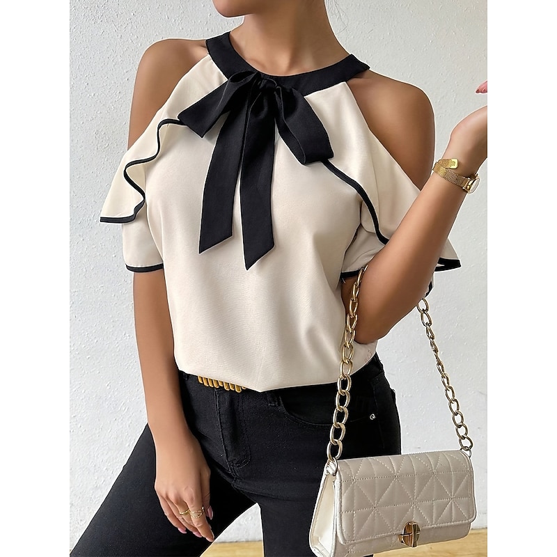 Women's Camisole Tank Top Solid Color Stylish Casual Short Sleeve Crew Neck Regular Tops Daily Ruffle Patchwork Beige Summer Spring3