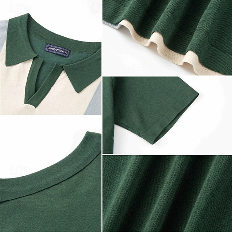 Men's Button Up Polos Golf Shirt Casual Sports Lapel Short Sleeve Fashion Basic Color Block Patchwork Buttons Summer Green Button Up Polos4