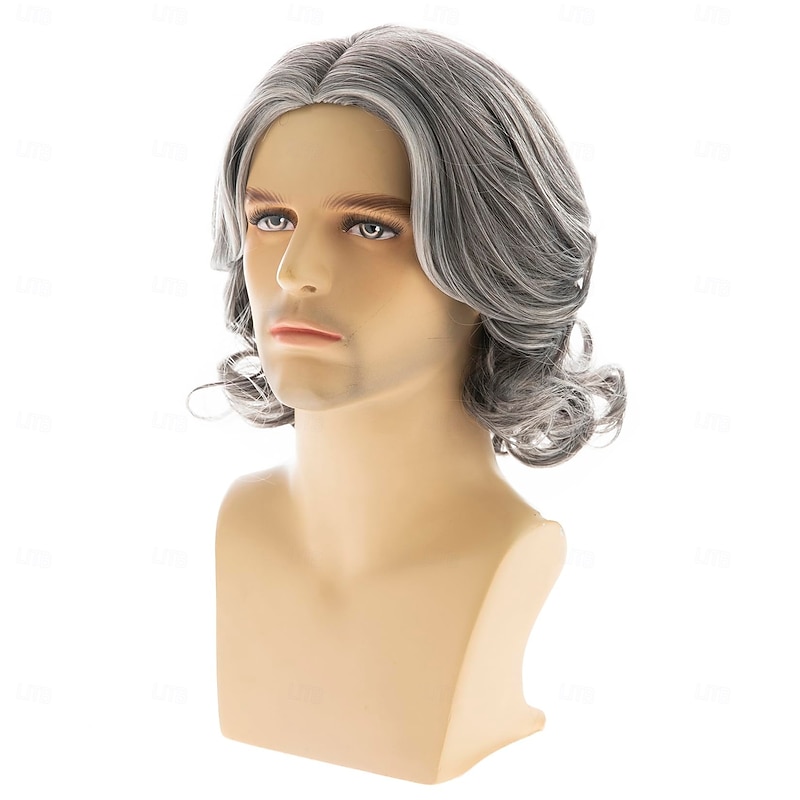 Mens Grey Wig Short Wavy Bob Wig Synthetic Cosplay Party Replacement Hair Wig3