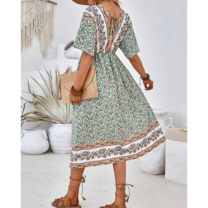 Women's Long Dress Maxi Dress A Line Dress Summer Dress Boho Dress Elegant Hawaiian Stylish Vacation Daily Date Regular Fit Floral Short Sleeve V Neck Green Summer3