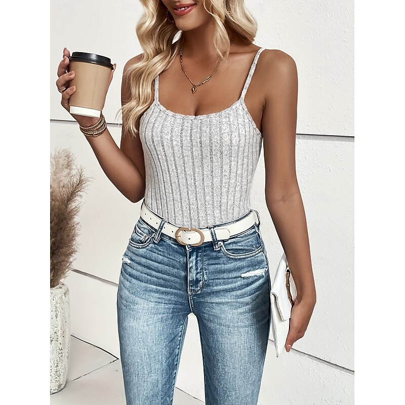 Women's Camisole Tank Top Solid Color Stylish Casual Sleeveless Strap Regular Tops Daily Backless Gray Summer4