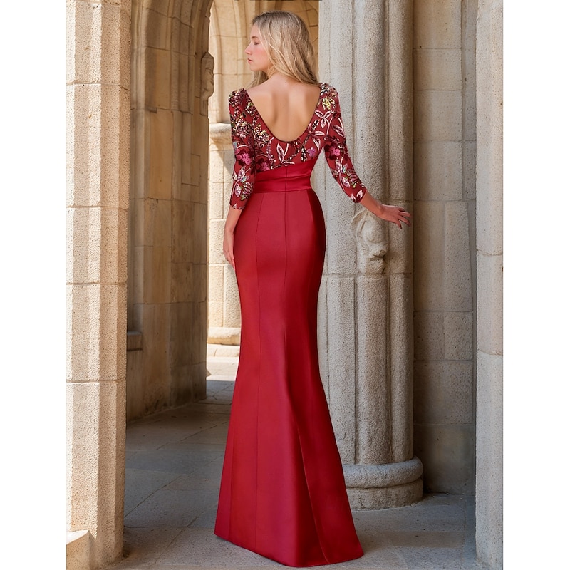 Floral Beaded Evening Gown Elegant Dress Carnival Formal Floor Length 3/4 Length Sleeve Boat Neck Satin with Ruffles Slit2