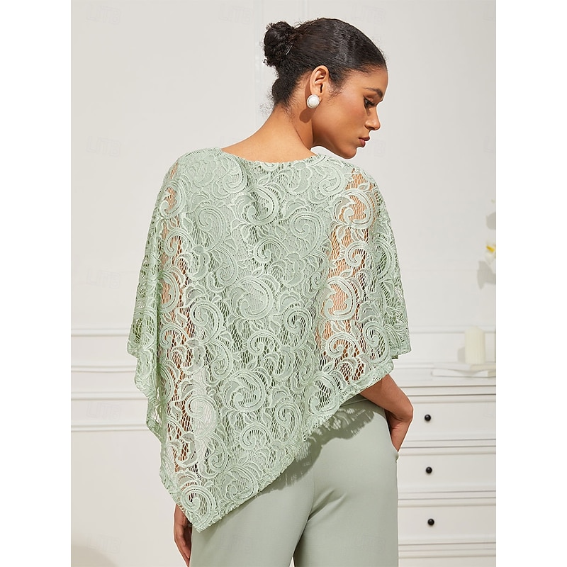 Women's Blouse Dressy Tops Plain Elegant Half Sleeve Crew Neck Regular Tops Wedding Guest Daily Lace Patchwork Layered Sage Green Summer Spring2