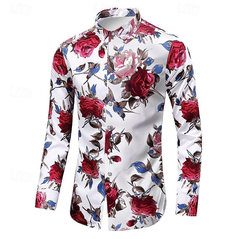 Men's Floral Shirt Button Up Shirt Long Sleeve Vintage Designer Basic Valentine's Day Daily Going out Spring &  Fall Collar Print Black Red Blue2