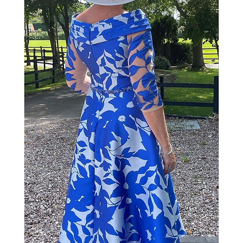 A-Line Dress Mother of the Bride Dress Elegant Simple Boat Neck Tea Length Satin 3/4 Length Sleeve with Floral Print Pleats Race Day Dress Wedding Guest Dress4