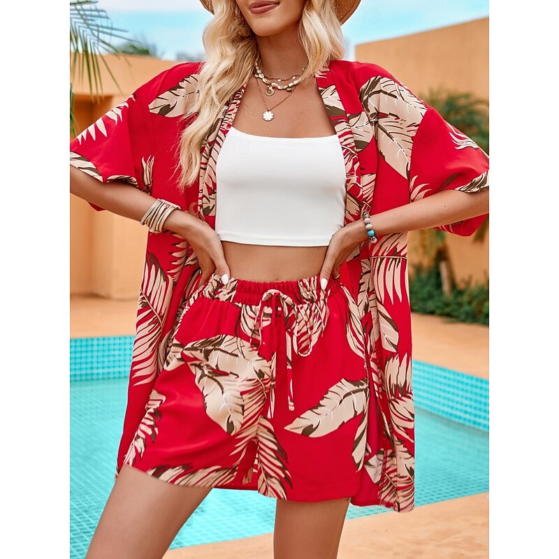 Women's Casual Jacket Suits Breathable Comfortable Drawstring Print Casual Leaf Vacation Street Holiday Daily Wear Open Front Regular Collarless Regular Fit Half Sleeve Outerwear Red Green Summer3