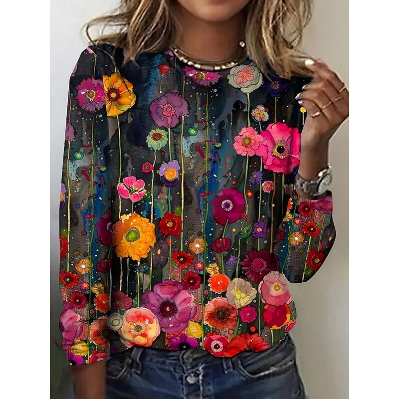 Women's T shirt Crew Neck Long Sleeve Tunic Oil painting flowers Casual  Regular Tops Daily Print Black Spring Fall2