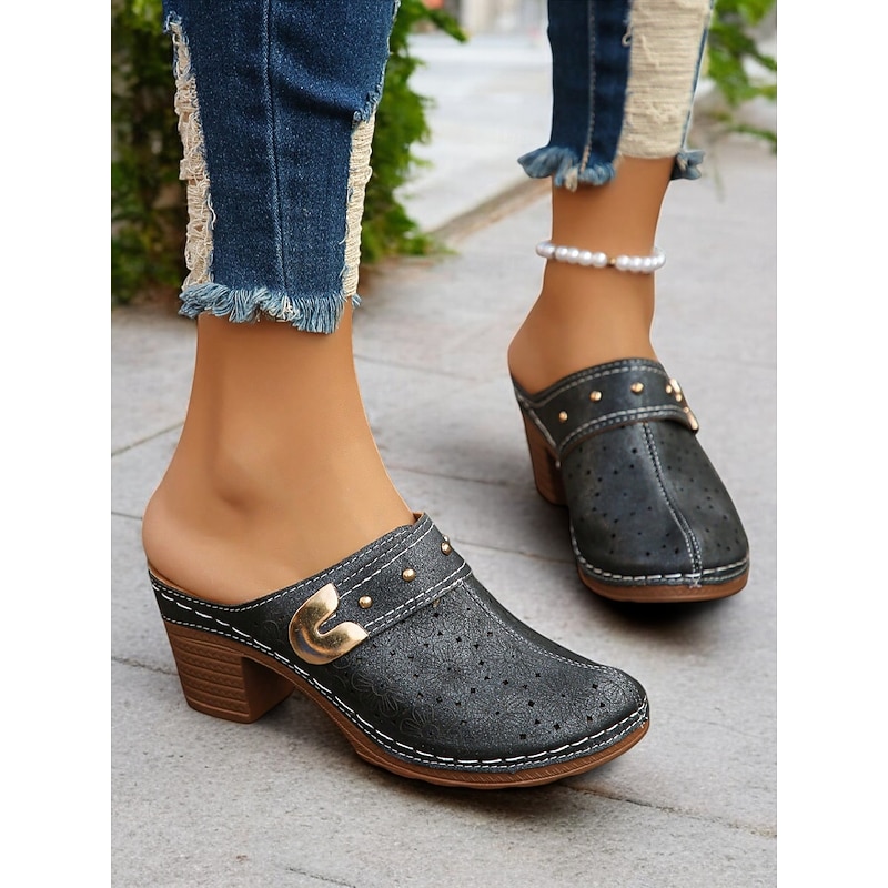 Women's Floral Perforated Mules with Block Heel and Studded Details - Comfortable Slip-On Clogs for Casual Outings and Spring Fashion2