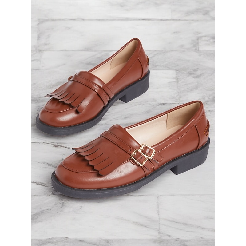 Women's Brown Faux Leather Loafers with Fringe Detailing and Low Heel for Casual Wear and Office Style3