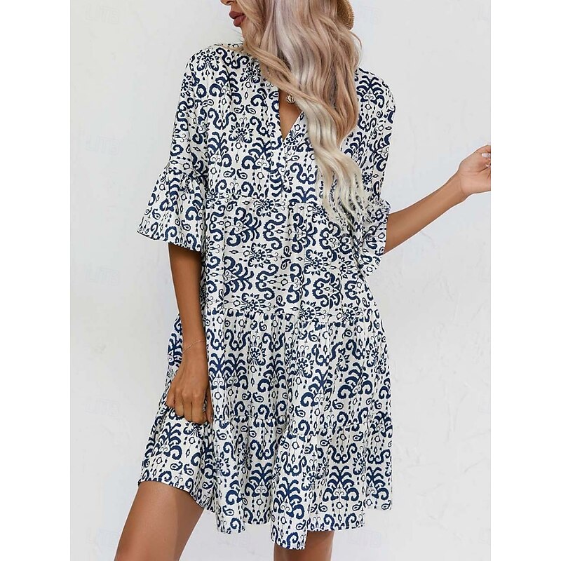 Women's Mini Dress Casual Dress Boho Chic Dresses A Line Dress Boho Dress Bohemia Vintage Vacation Daily Regular Fit Floral 3/4 Length Sleeve Notched Neck Pink Blue Summer