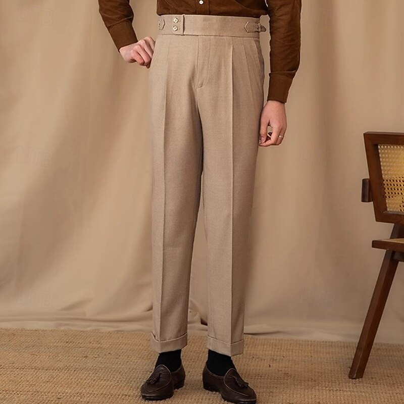 Men's Graduation Dress Pants Trousers Chinos Buttons Pocket Plain Comfort Formal Party Work Fashion Classic Style Black Brown Micro-elastic4