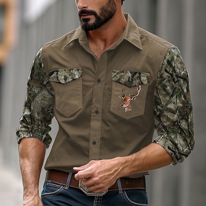 Men's Camouflage Western Shirt Cowboy Shirt Long Sleeve Western Sports Outdoor Spring Fall Turndown Button Up 2 Pockets Black Brown Green2