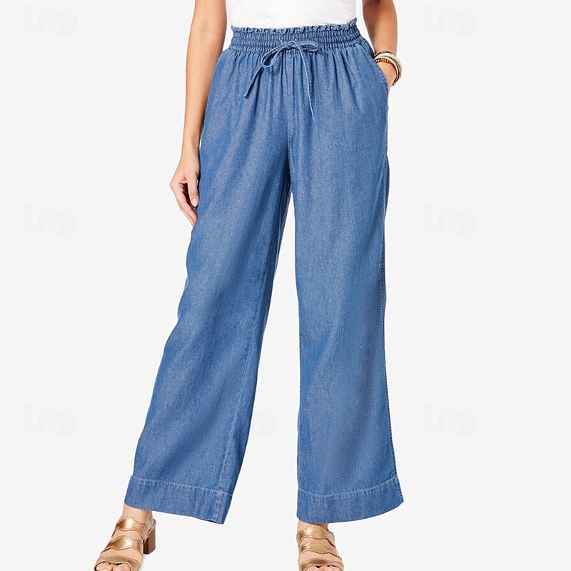 Women's Linen Pants Pants Trousers Lightweight Casual Full Length Mid Rise Plain Pocket Drawstring Breathability Comfortable Inelastic Home Casual Daily Light Sky Blue Navy Summer Spring Regular Fit2