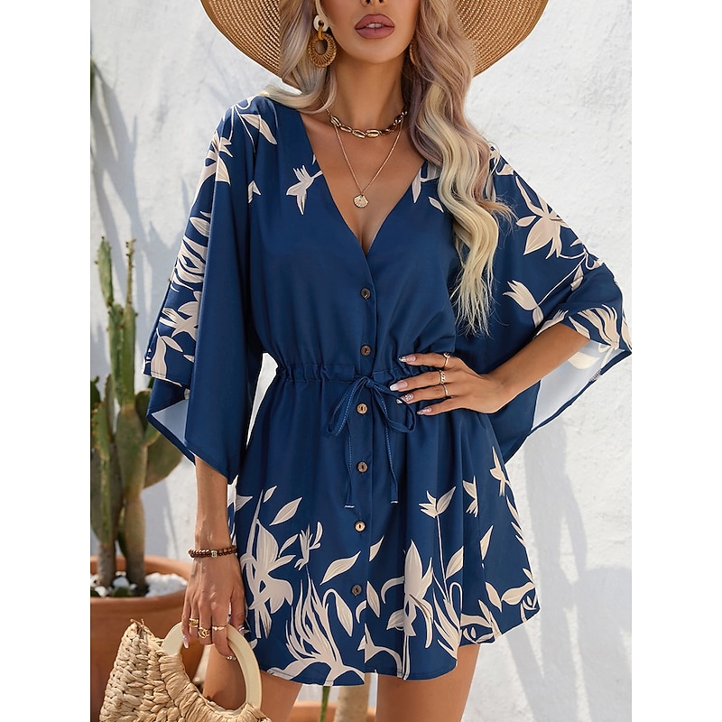 Women's Mini Dress Casual Dress A Line Dress Stylish Casual Vacation Daily Regular Fit Floral Short Sleeve V Neck Black Navy Blue Summer2
